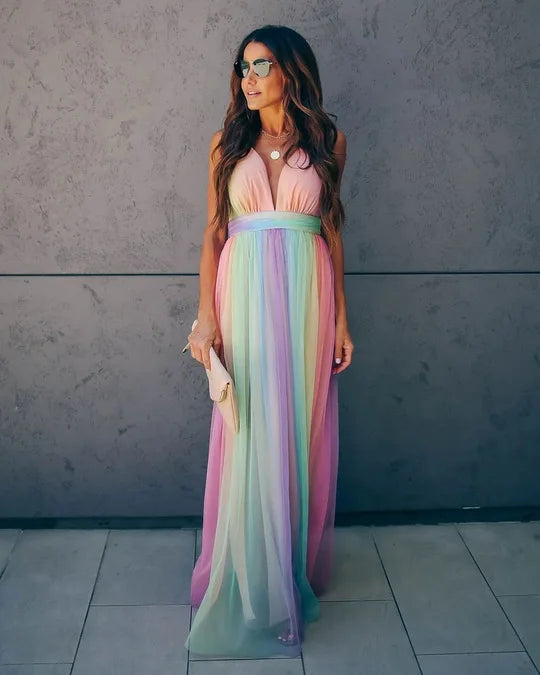 Deep V-neck Rainbow Mesh Sexy Dress High Waist Dress . S-xxL