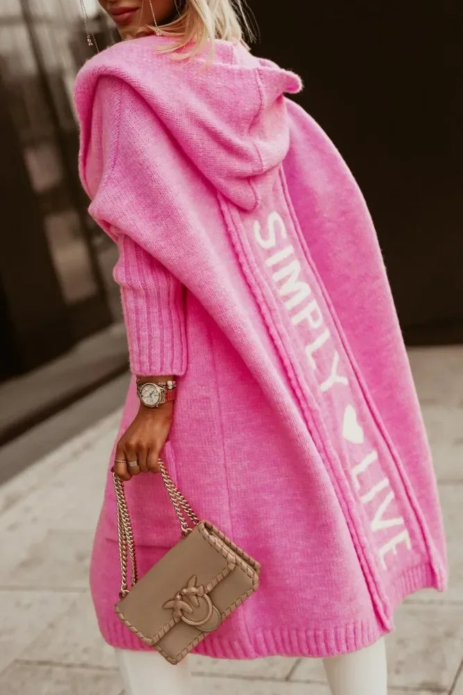 Ladies Hooded Long Cardigan Long Sleeve Autumn Winter Letter Printed Loose Fit. S-2x