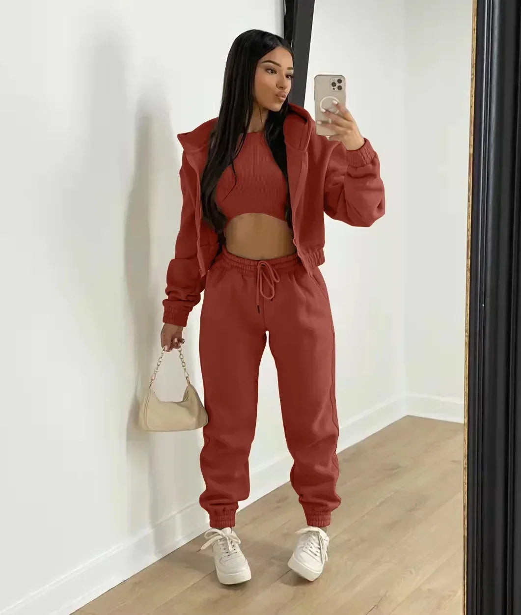 3pcs Women's Clothing Set Fleece-lined Hooded Sweater & Sleeveless Tank Top & Sweatpants Pants. S-2x