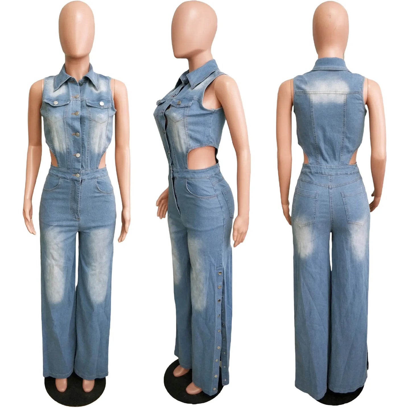 Women Denim One Piece Sleeveless Turn Down Collar Jumpsuit Sheath Sexy Straight Long Pant Rompers Slim Fit. S-2x