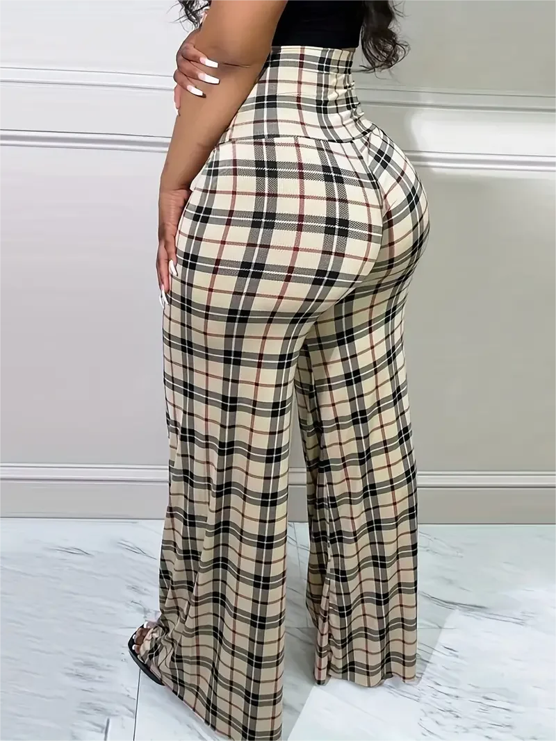 Women's Plaid Wide Leg Pants High Waist Casual Comfortable Loose Fit Pants. S-2x