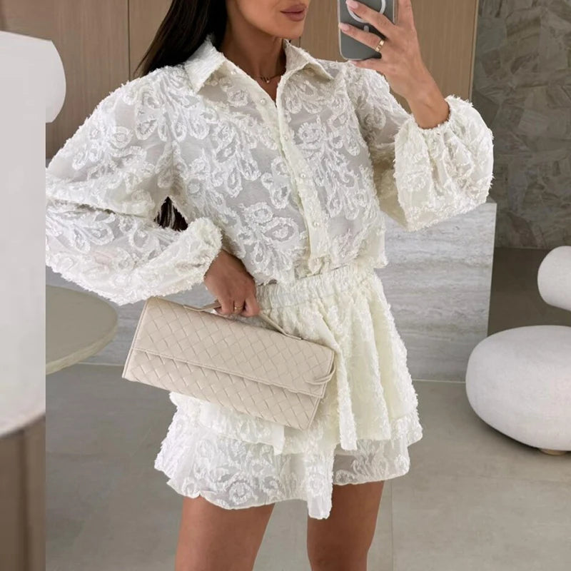 Long Sleeved Outfit 2025 Summer Lace Ruffle Loose Two Piece Set.