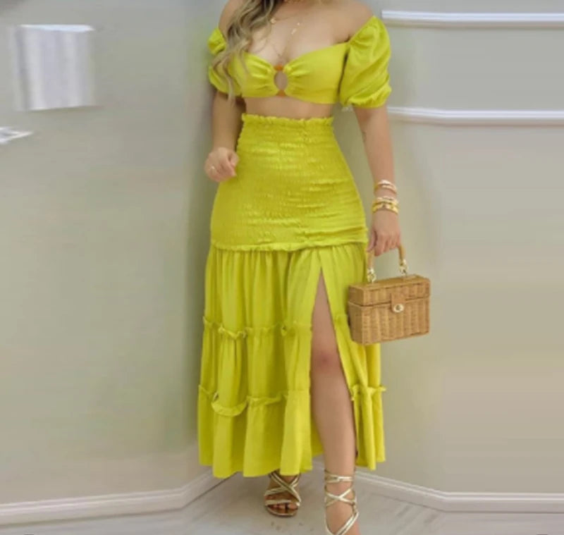 2 Piece Set Women Outfit Great Vacation And Everyday Wear Floral Print Crop Top Shirt +Slit High Waist Women Maxi Skirt. S-3x