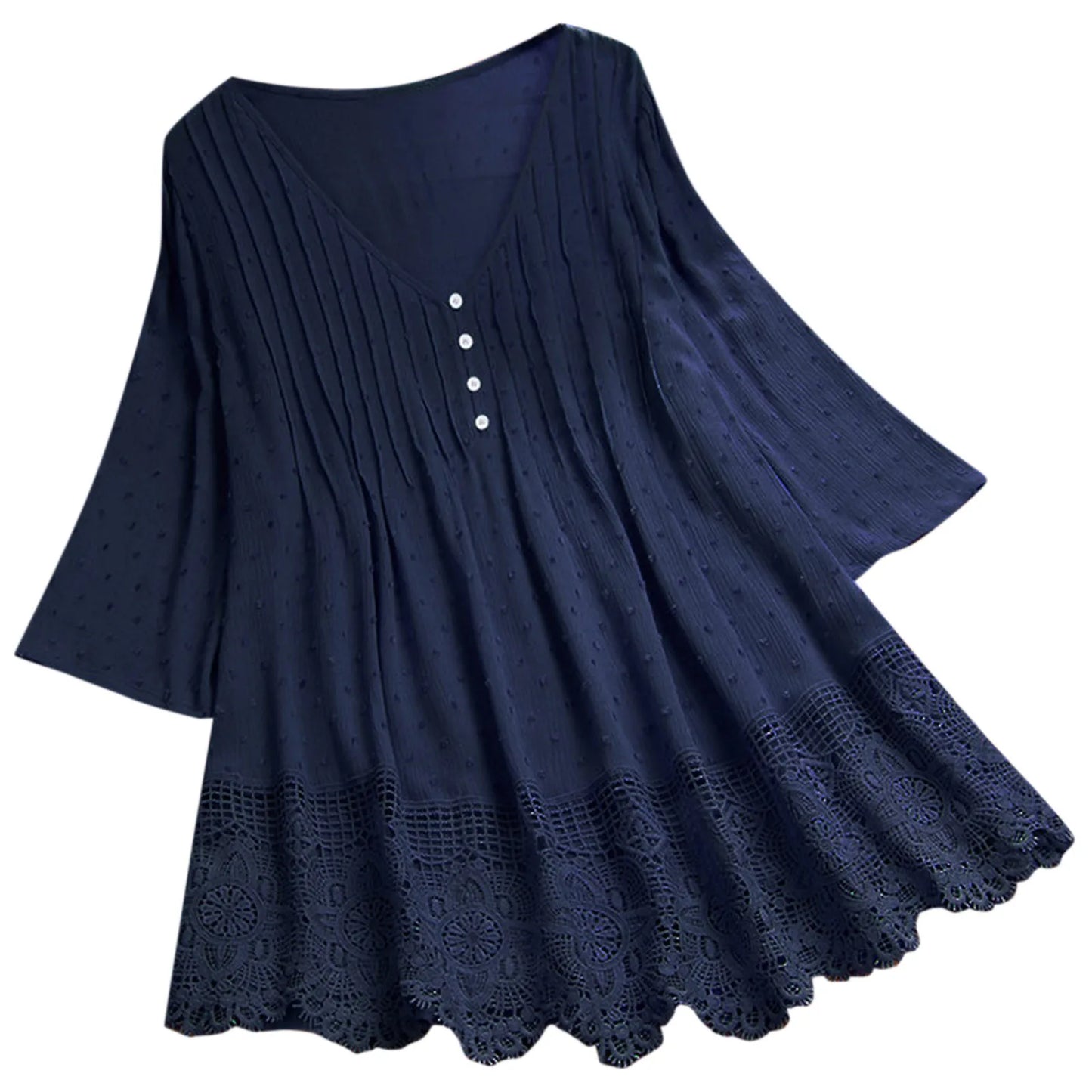 Curvy Spring Summer Cotton Lace Blouse Crochet Lace 3/4 Sleeve V Neck Loose Top