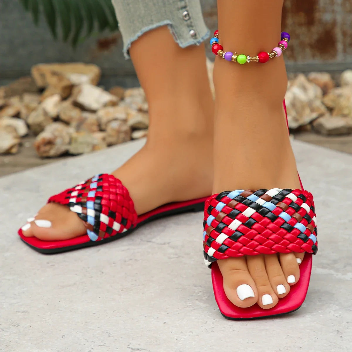 Women Summer Fashion Mules Casual Braided Square Toe Flat Sandals -Slides .