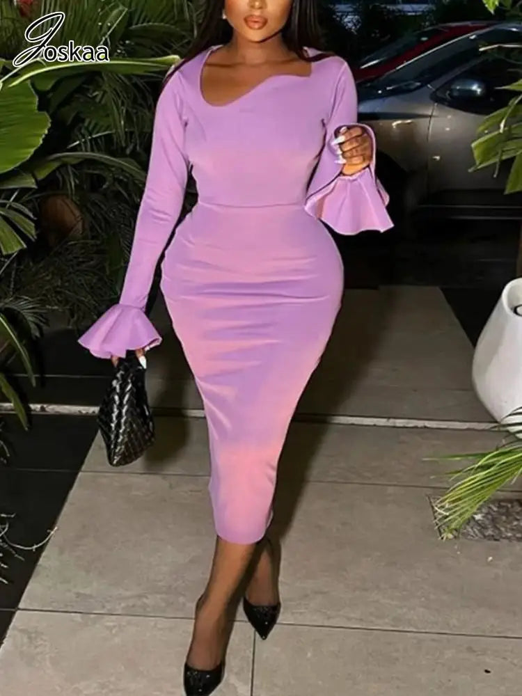 Joskaa Elegant Solid Irregular Collar Flare Sleeve Back Split Bodycon Midi Dress for Women 2024 Spring Birthday Party Clubwear