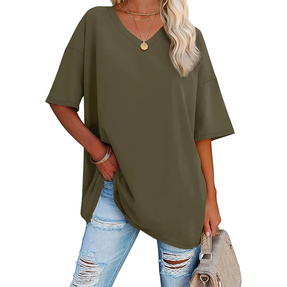 Womens Oversized T Shirts V Neck Tees Half Sleeve Cozy Comfy Tunic 2024 Y2K Tops Casual