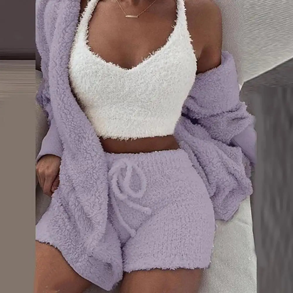 3 Piece Fluffy Outfit Plush Sexy Backless Fleece Pyjamas/Lounge wear Set