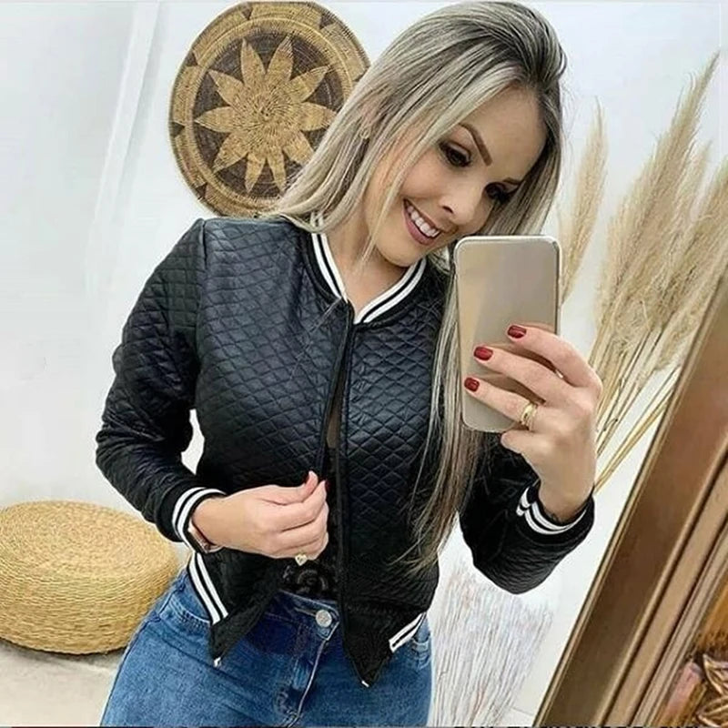 Fashion Women Jacket O-neck Zipper Stitching Quilted Bomber Jacket . S-2X