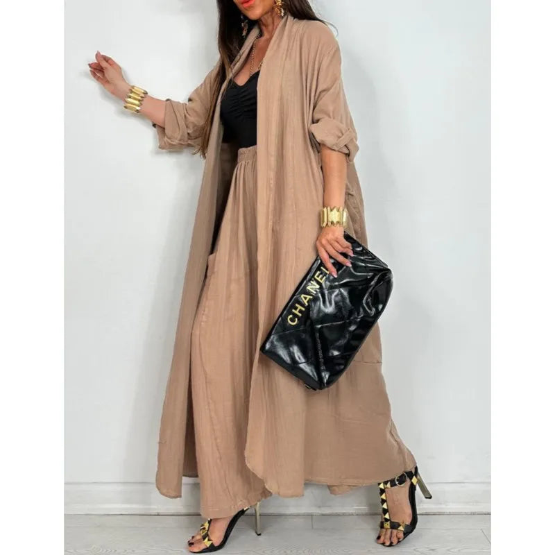 Women Solid Lazy Style 2-Piece Set Cardigan Long Sleeve Shirt+ Wide Leg Pant Suit Elegant two Piece. S-3X