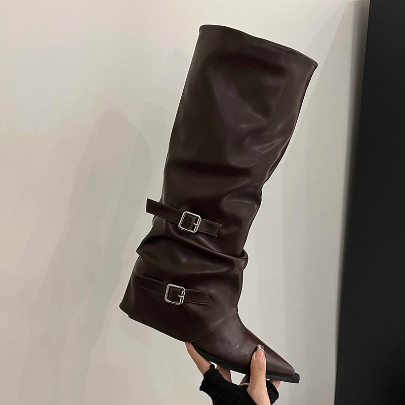Retro Style Boots Fashion Belt Buckle Autumn Winter Wedge Heel European style