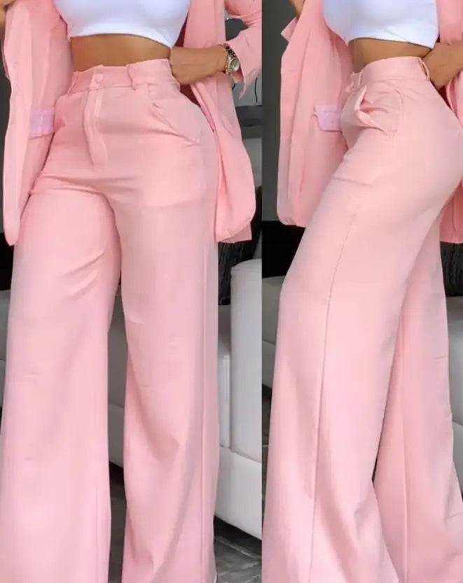 Ladies Elegant Blazer Set New Autumn Fashion Notched Collar Coat & Pocket Design Pants Set. S-2x