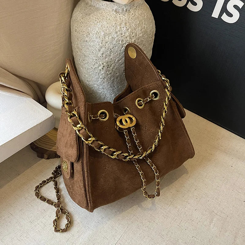 Embroidered Drawstring Bucket Bag - Adjustable Chain Crossbody Purse