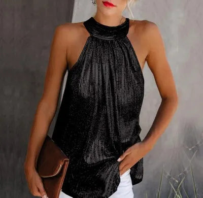 Women Halter Sleeveless Loose Sequined T- Top . S-4X