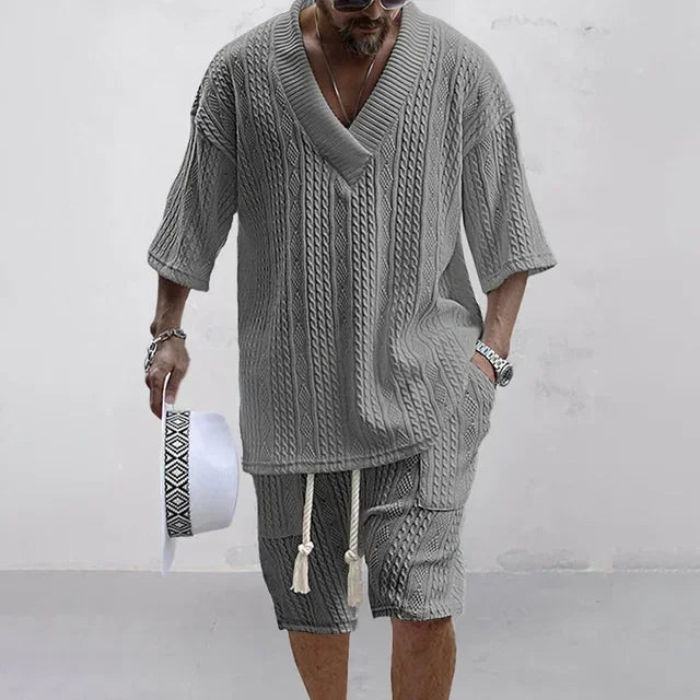 Mens High Quality Summer Casual Knitted Two Piece V-Neck Short Sleeve T-shirt and Shorts. Sizes S-3XS