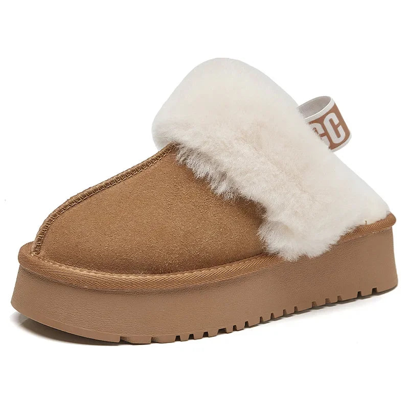 Thick Bottom Woolen Slippers Women Winter Style Genuine Leather Fleece Lined Shoe/Sandal