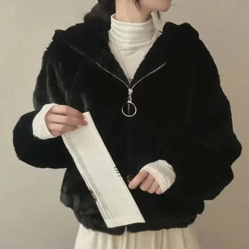 New Fashion Hooded Plush Thick Jacket Women's Padded Thickened Zipper Warm Short Cute Coat. S-XXL