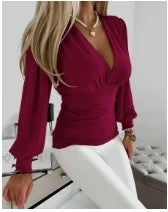Sexy Deep V Women Bodycon Pleated Blouse. Sz: S-xxL