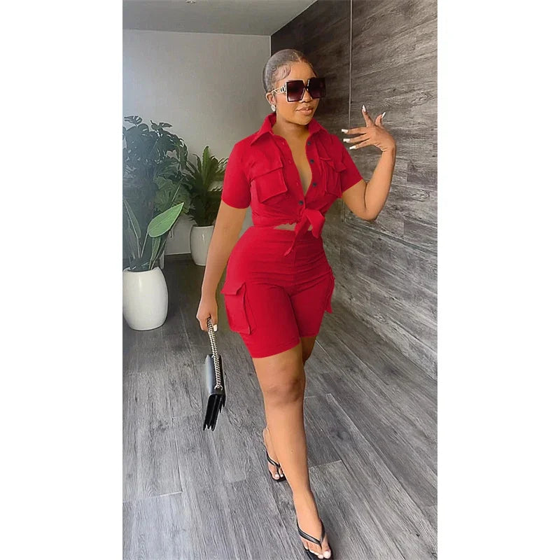 Ladies Two Piece Set For Summer, Pockets Short Sleeve Button-Up Shirt And Short Set. S-2x