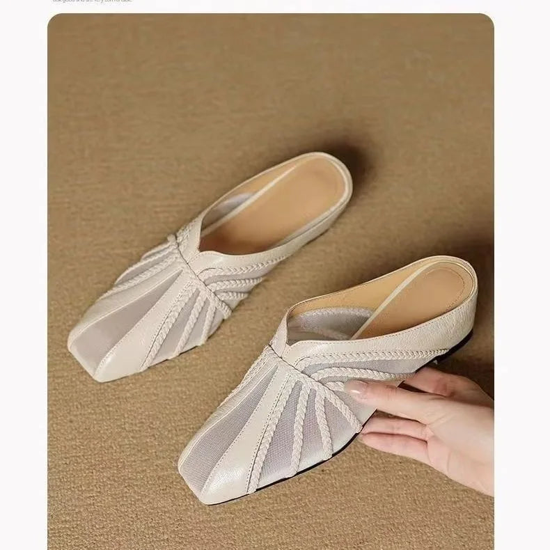 Women's Mesh Hollow Splicing Wedge Heel Mules Shoes Summer Cool and Comfortable Breathable Inner Height Increase Baotou Slippers
