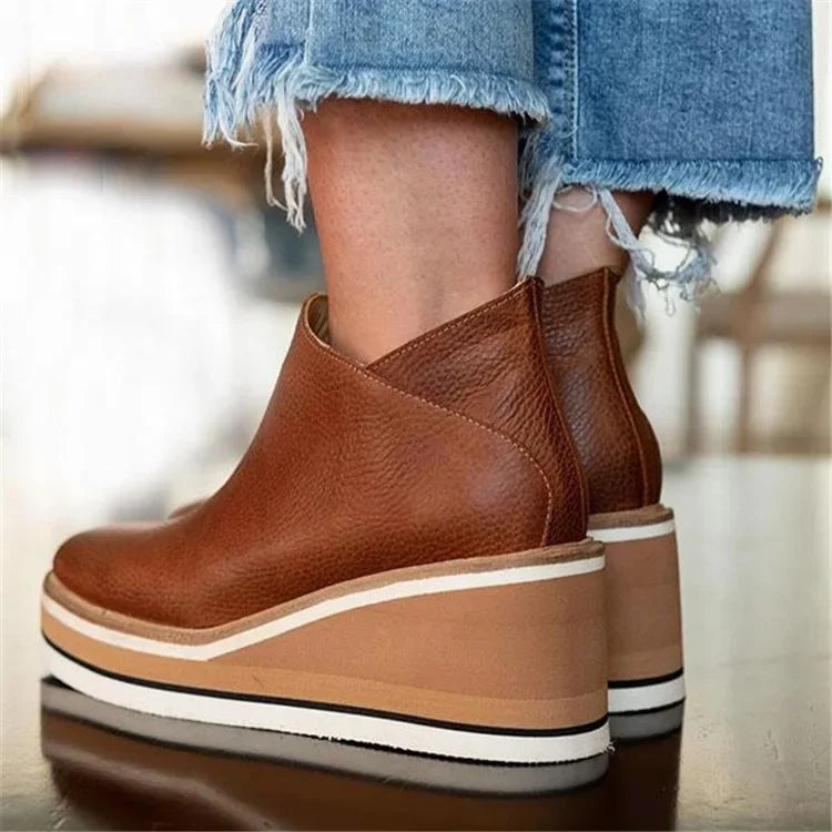 Ankle Boot Women Fashion Leather Wedge Heel Platform Boots , Botas De Mujer