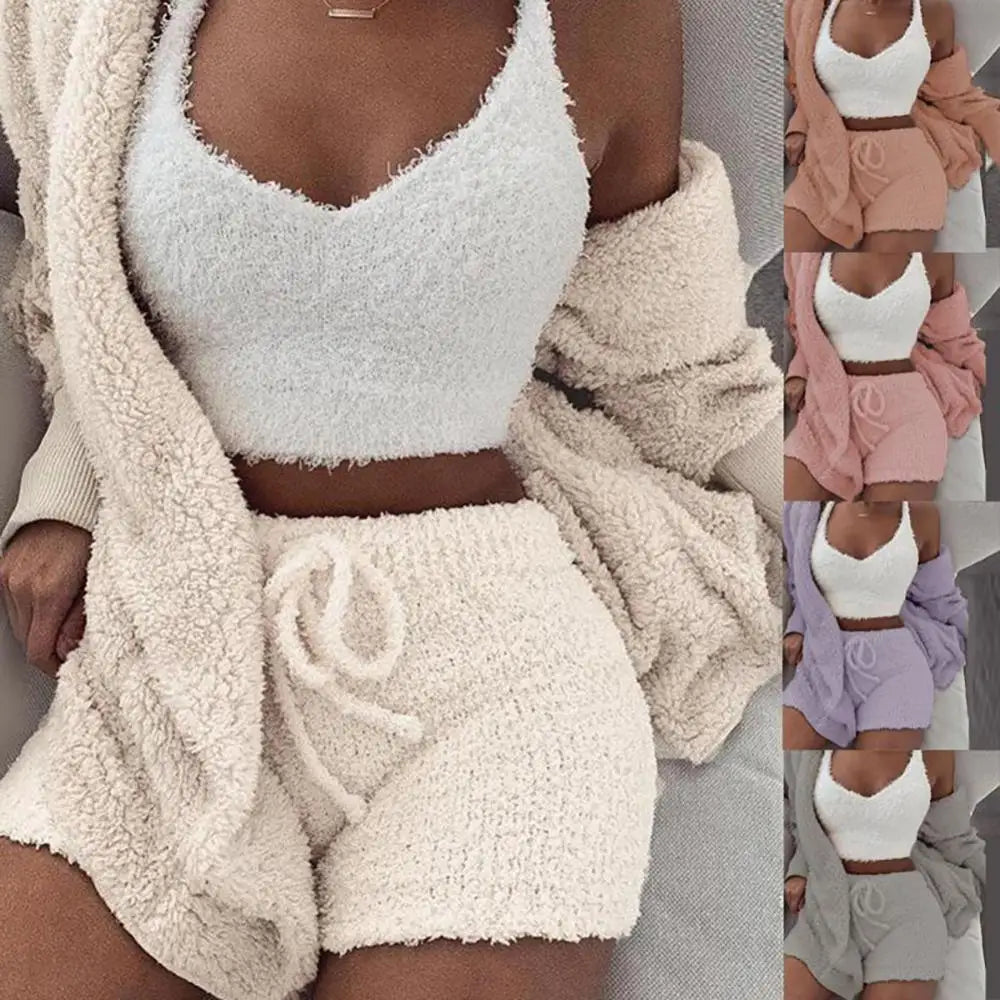 3 Piece Fluffy Outfit Plush Sexy Backless Fleece Pyjamas/Lounge wear Set