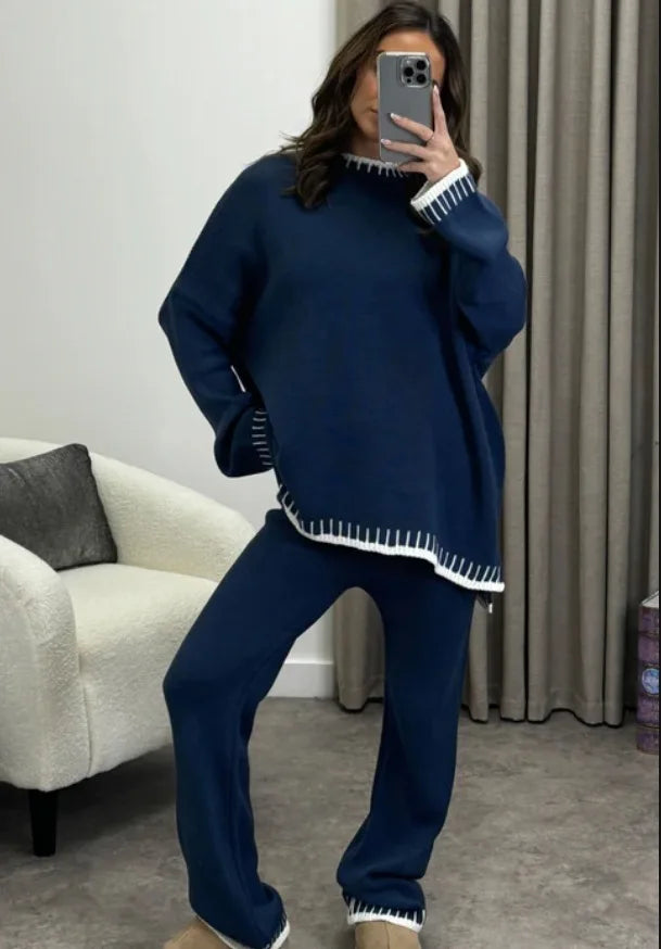 Ladies Knitted 2 Piece Set Casual Loose O Neck Pullover Top Wide Leg Pants. S-2x