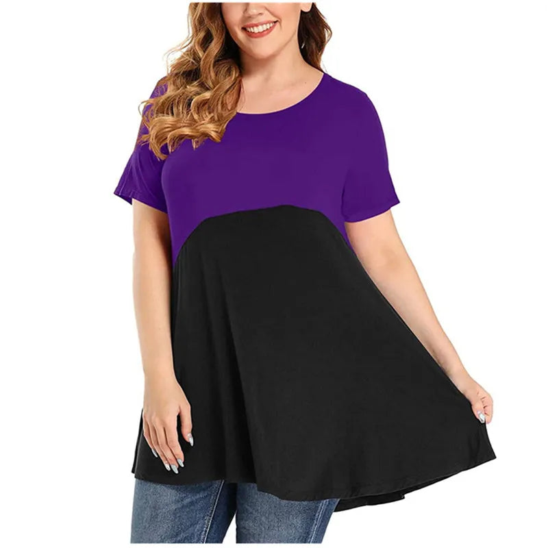 Women Shirt Plus Size Loose Short Sleeve Casual Ladies Contrast Colour Shirt.