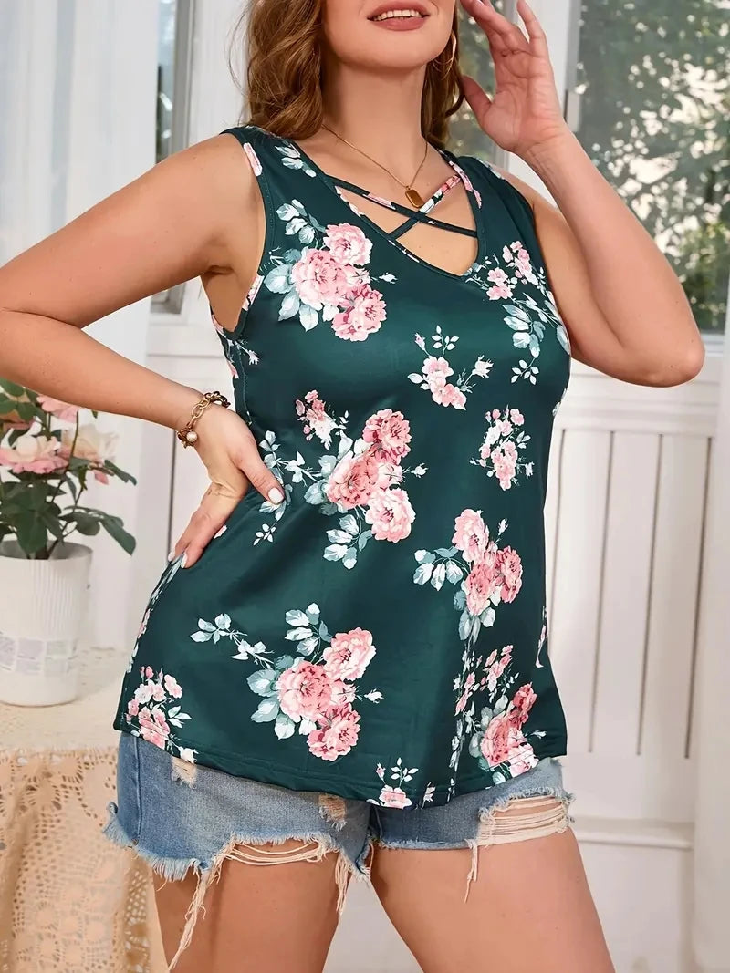 Plus Size Floral Print V-Neck Vest Tank, Soft Slight Stretch Polyester Fabric, Cross Front Detail.