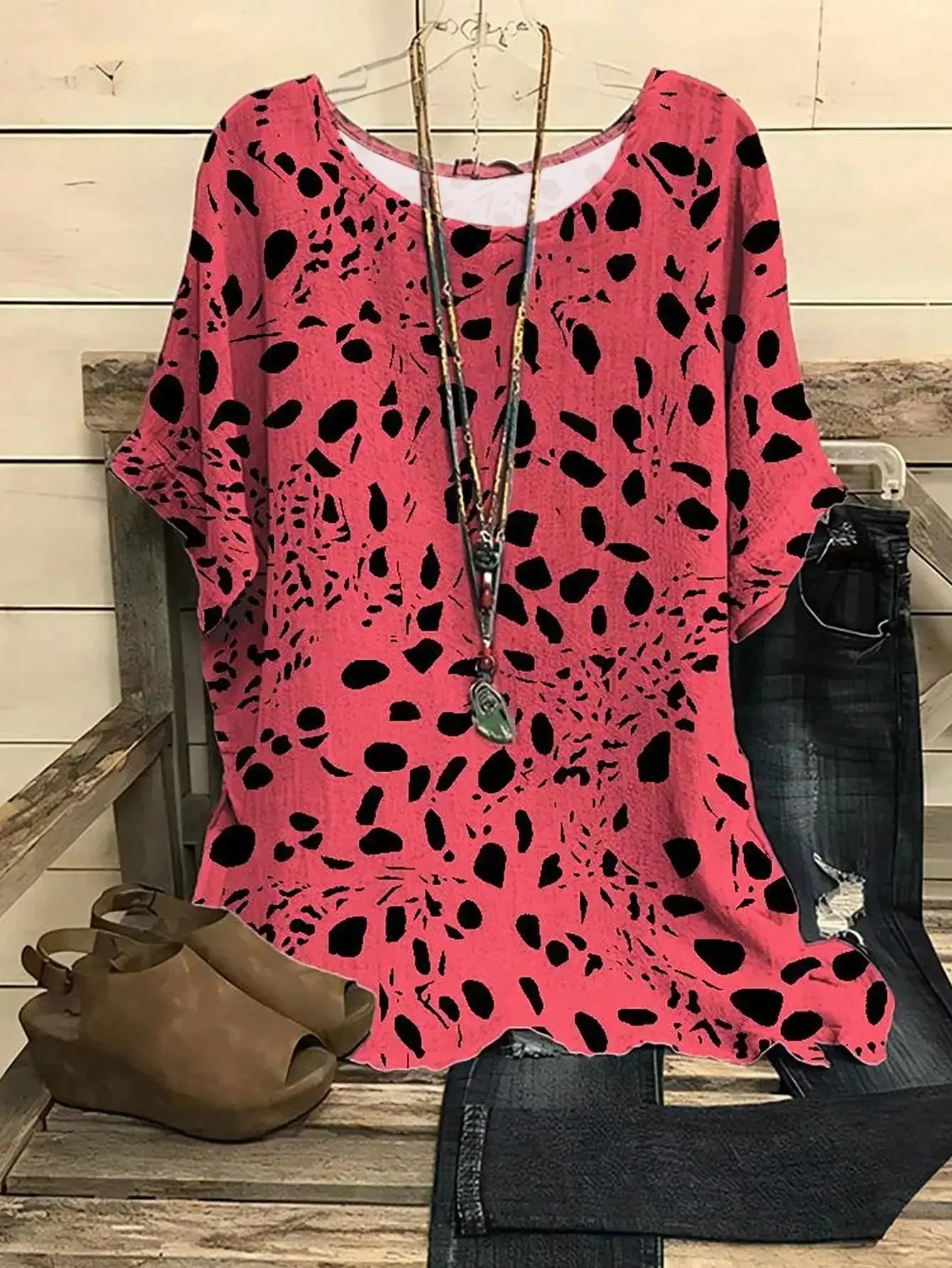 Plus Size 1XL-5XL Women Casual Loose Spot Print Blouse Fashion Vintage Round Neck.