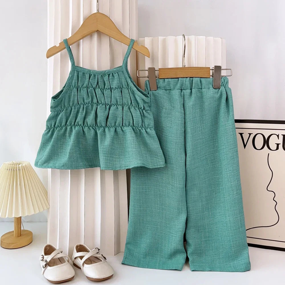 Kids Clothes Girls Solid Color Pleated Camisole Top+straight Leg Wide Leg Pants Casual Sets Summer Fashion Children's Clothing