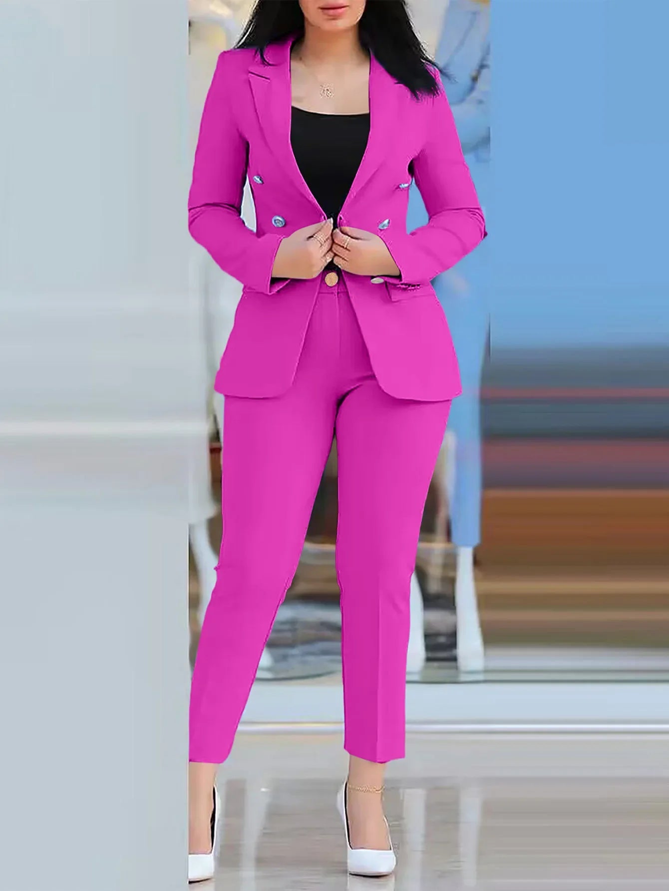 2pcs Women Clothing Set Long Sleeve Blazer Jacket & High Waist Pencil Pants Solid Colour. S-2x