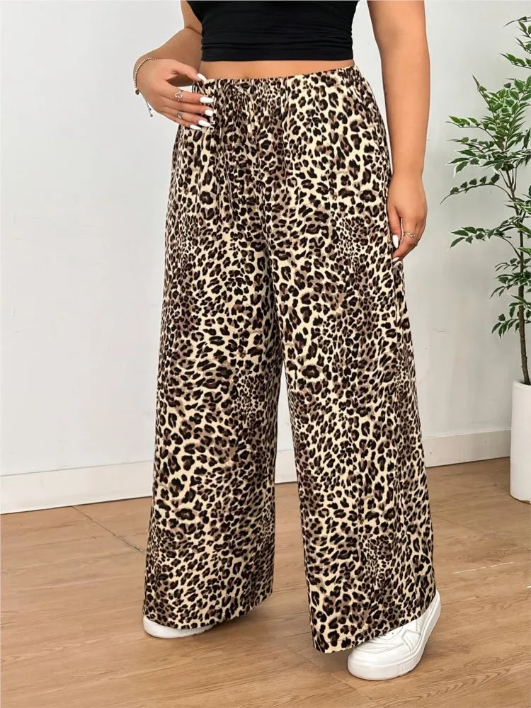 Plus Size High Waist Leopard Print Loose Pleated Ladies Casual Wide Leg Pant