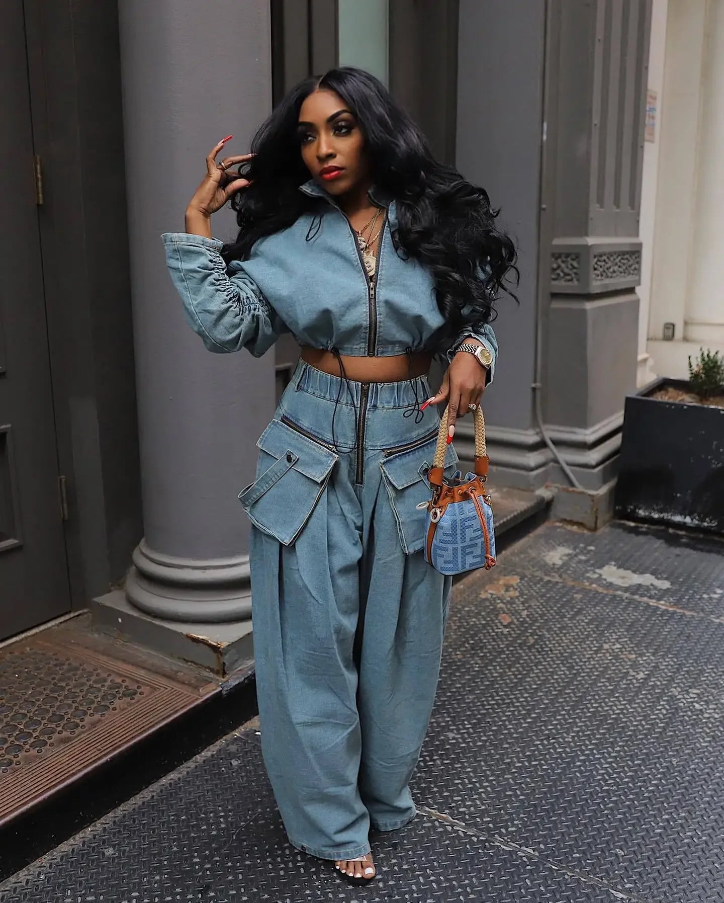 Ladies Fashion Sexy Retro Women's Casual Wide Leg Loose Heavy Duty Denim Two-piece Set. S-2x