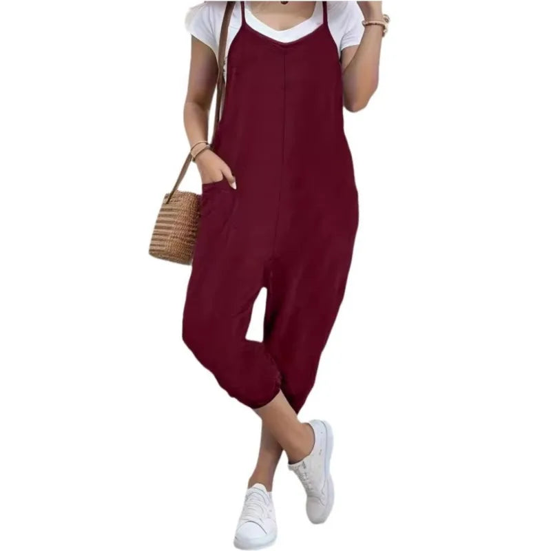 Women Solid Colour Pocket Jumpsuit 2025 Summer Simple Style Loose Casual Jumpsuit . S-3X
