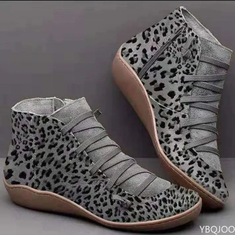 New Women's Ankle Boot/Shoe Casual Leopard Print Wedge Flat Warm Booties