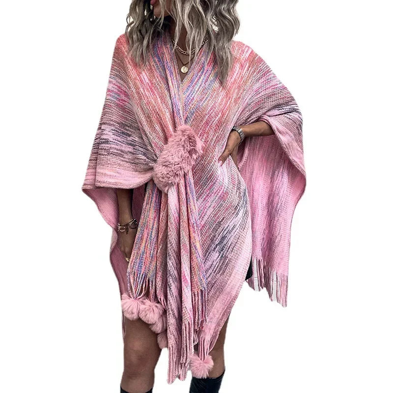 Shawl Women Full Sleeve Tassel Elegant Splice Open Stitch Poncho. (One Size)