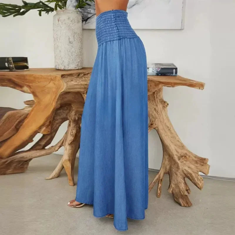 Spring Summer New Women's Clothing Light Blue High Waist Smocking Wide Leg Jeans. S-XL