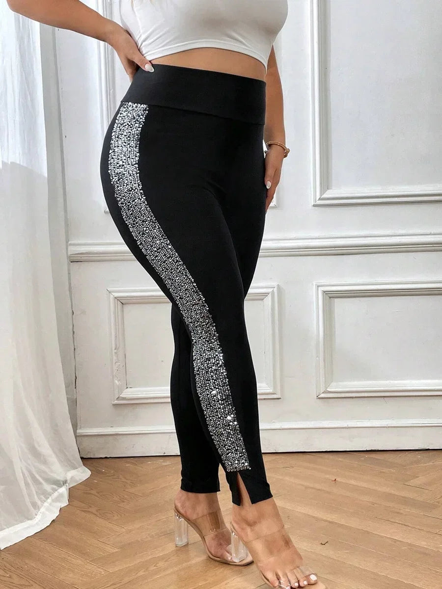 Women's Plus-size Elegant Stretch Leggings Fashion Sequin Side Seam Slim Pants