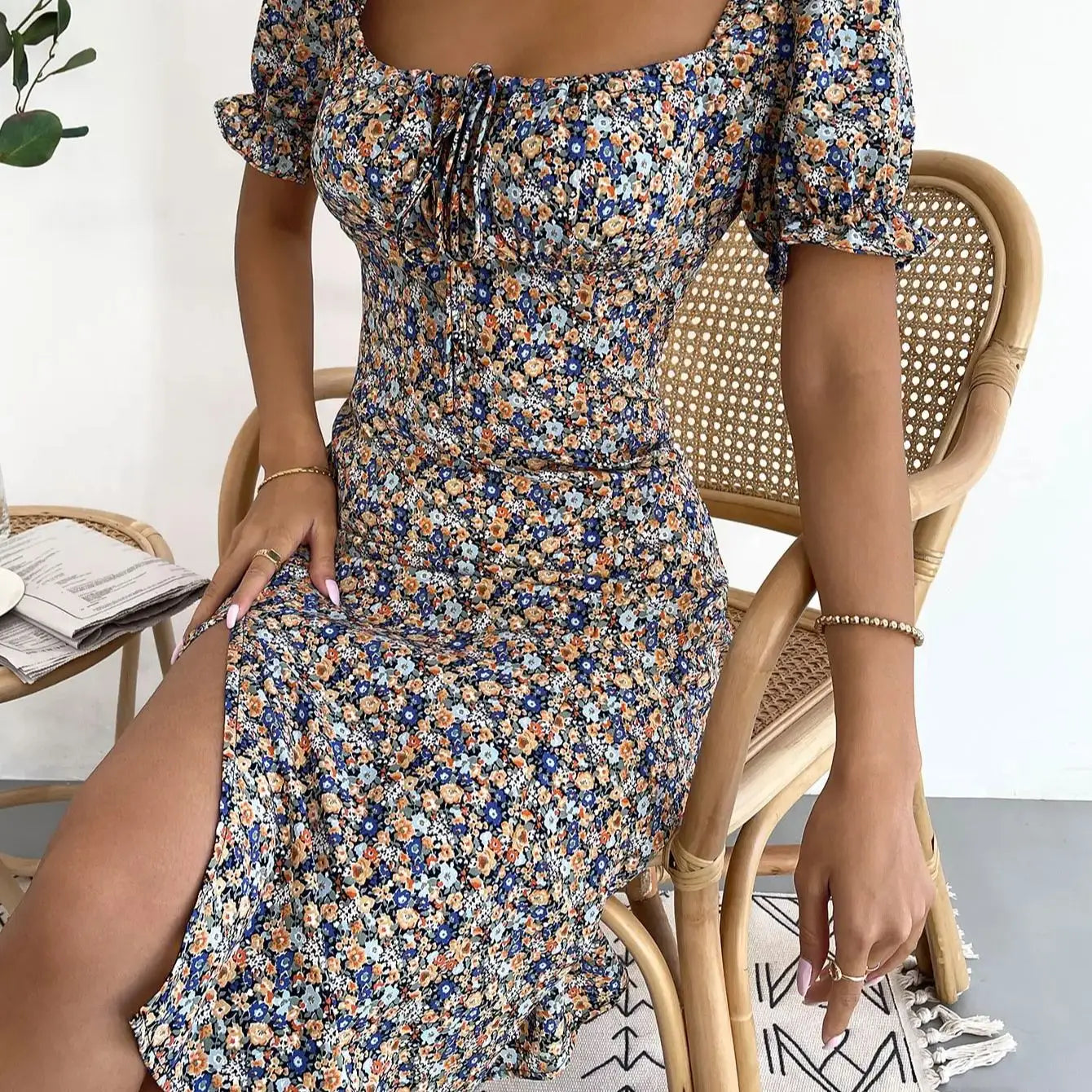 Elegant fashion women's dress, elegant print slit dress. xS-2x