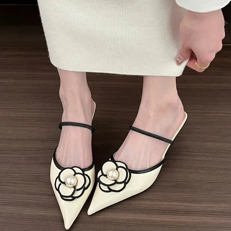 2025 Spring New French Style Elegant Flower Pointed High Heel Pearl Strap Slip On Shoe