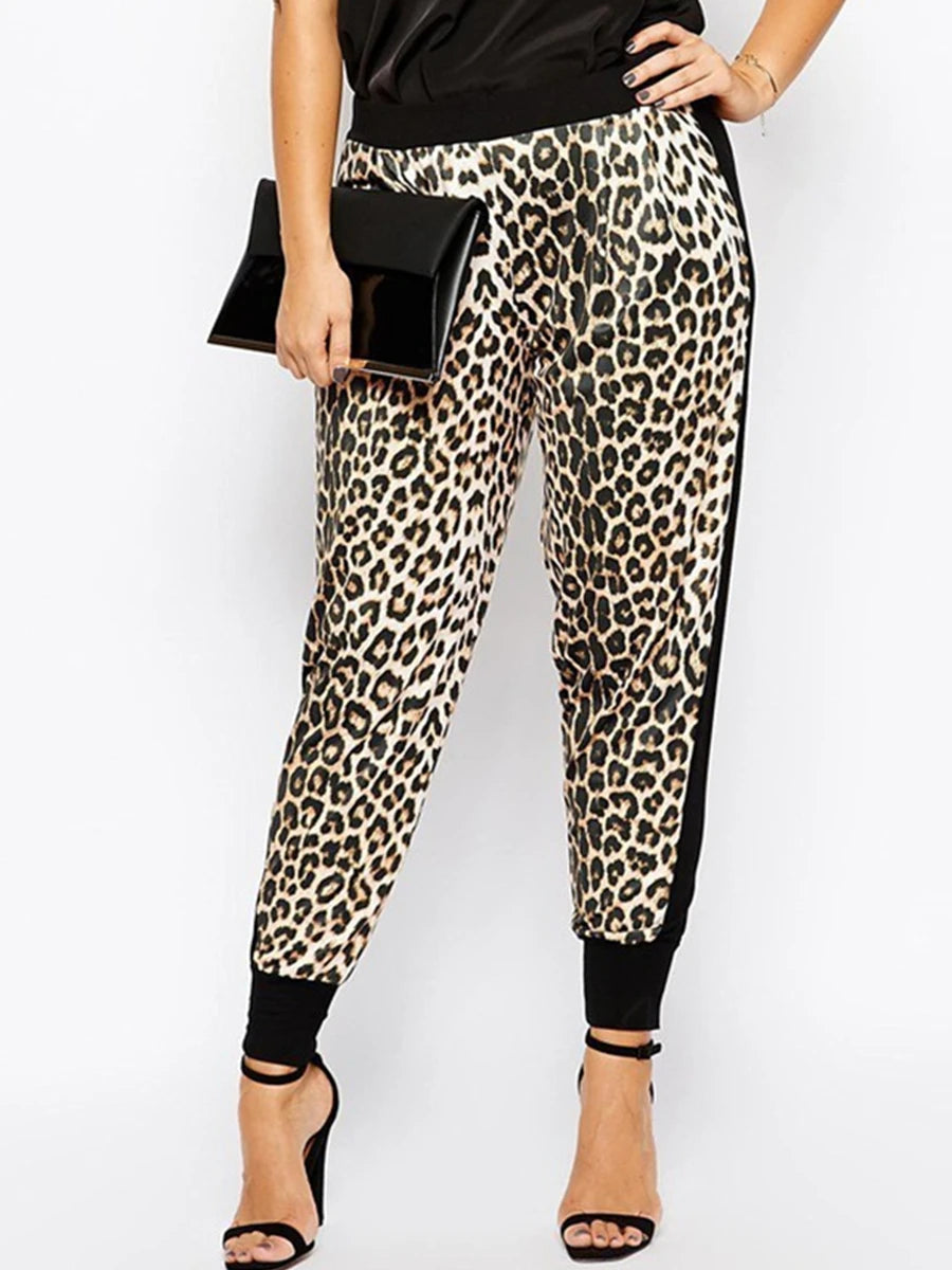 Plus Size Pleated Causal Leopard Elastic Waist Pants