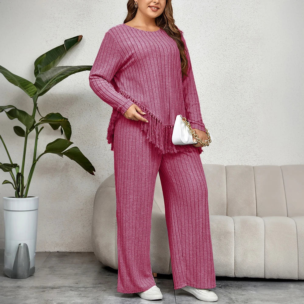 Plus Size 2 Piece Women Pants Set Loose Ribbed Long Sleeve Tassel Irregular Hem Top And Pants