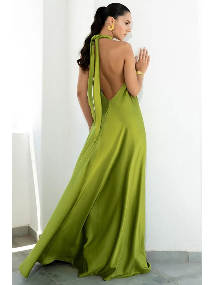 Loose Halter Neck Backless Sexy Satin Evening Dress New Fashion Elegant Dress. S-XL