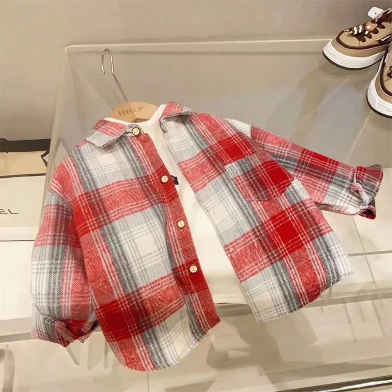 Autumn Children's clothes Unisex Casual Retro Lapel Shirt Long Sleeves Single-breasted Plaid Shirts.
