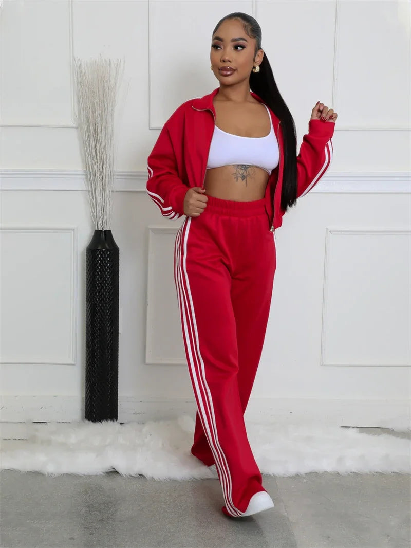 Streetwear 2 Piece Sets Women Outfit Side Striped Crop jacket and Pant Set Casual Sweatsuit. S-2X