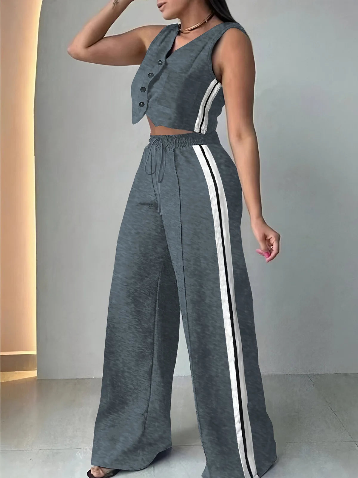 Fashion Side Stripe Women 2 Piece Set New Vest Top And Wide Leg Pants Sports Style Casual Set. S-2X