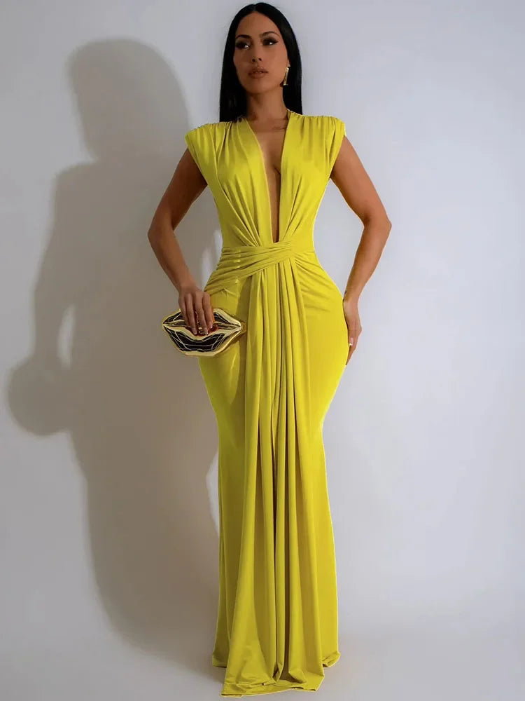Elegant Ruched Body-con Maxi Dress for Women Party Evening Deep V-neck Sheath Celebrity Formal Long Dress. S-2X