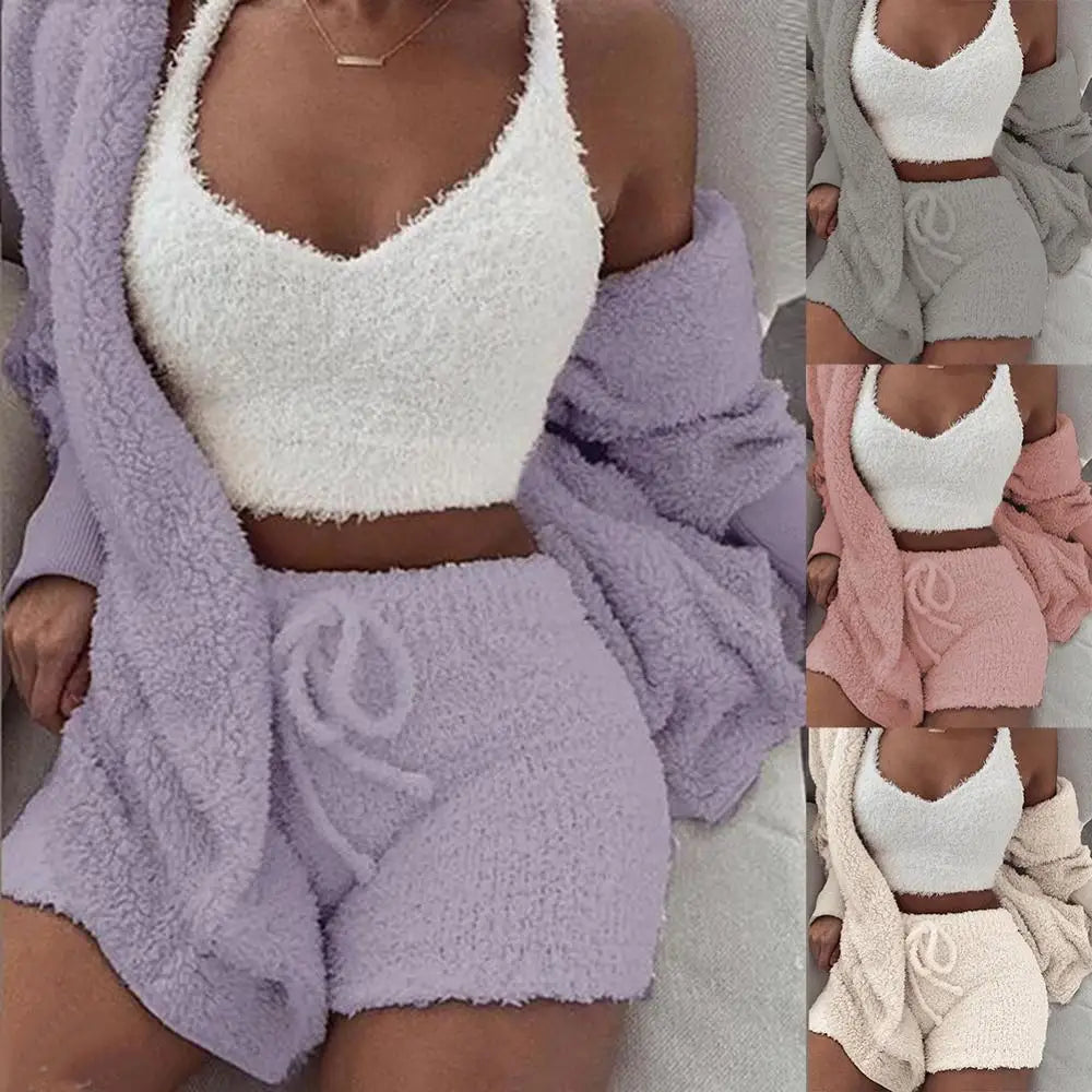 3 Piece Fluffy Outfit Plush Sexy Backless Fleece Pyjamas/Lounge wear Set