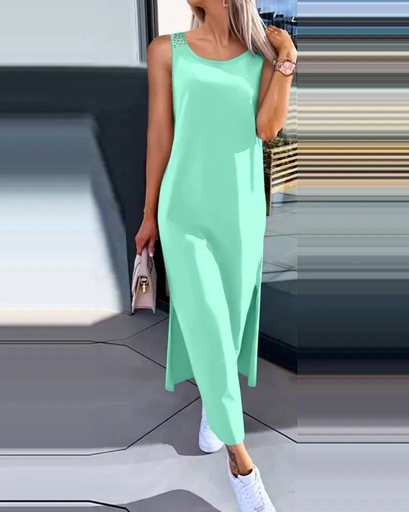 Hollow Out Solid Long Dress Women Fashion Sleeveless O-neck Maxi Dress. S-2X